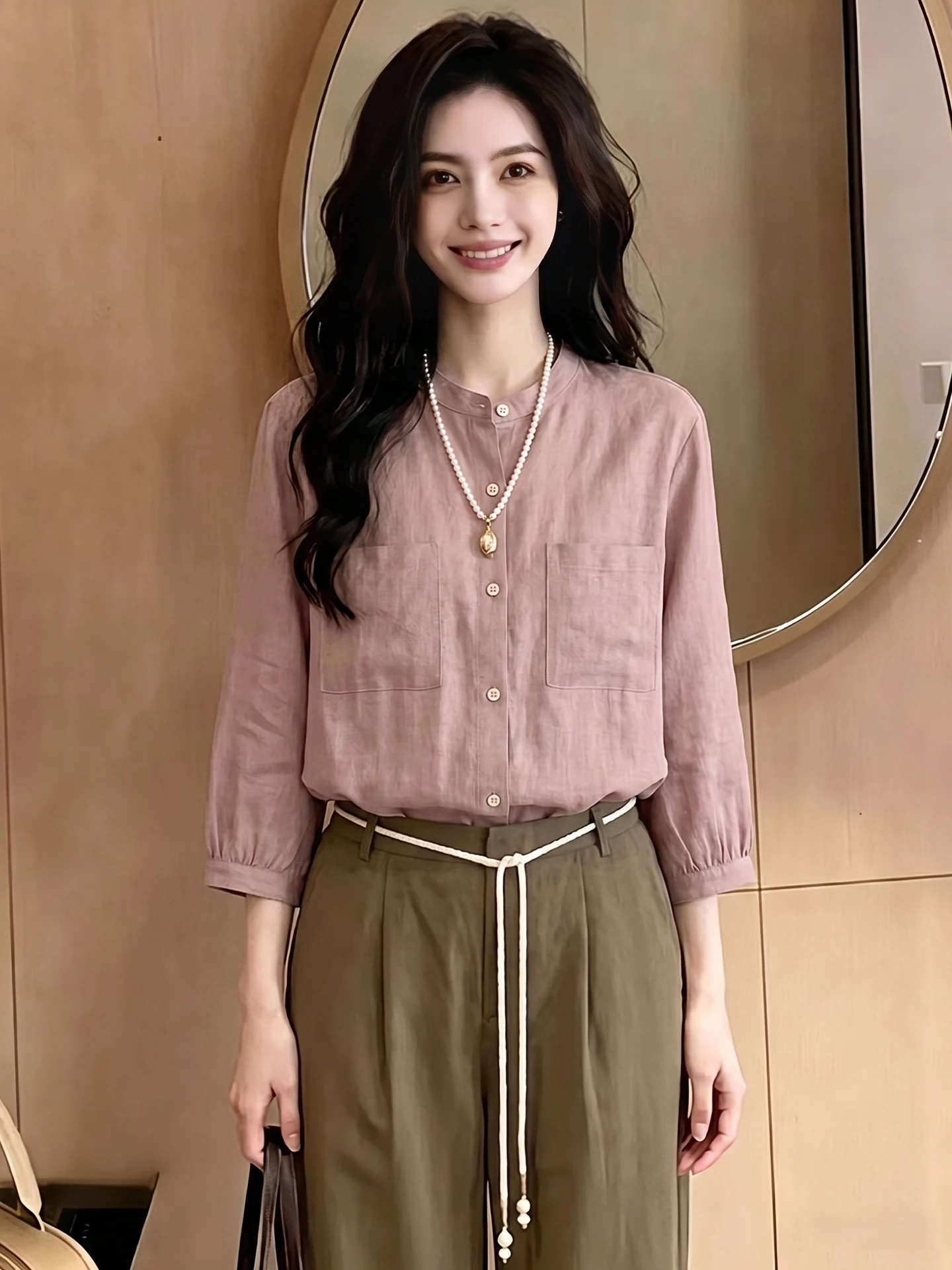 

Elegant Pure Color Shoulder Shirt Gentle Wind Style Women's Fashionable Seven Sleeve Commute Korean Version Straight Tube