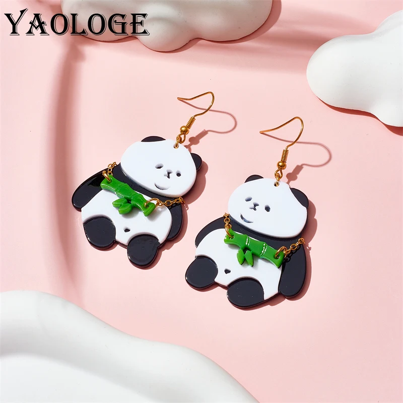 

YAOLOGE Acrylic Cute Panda Bamboo Backpack Drop Earrings For Women New Creative Cartoon Girls Ear Jewelry Party Birthday Gifts
