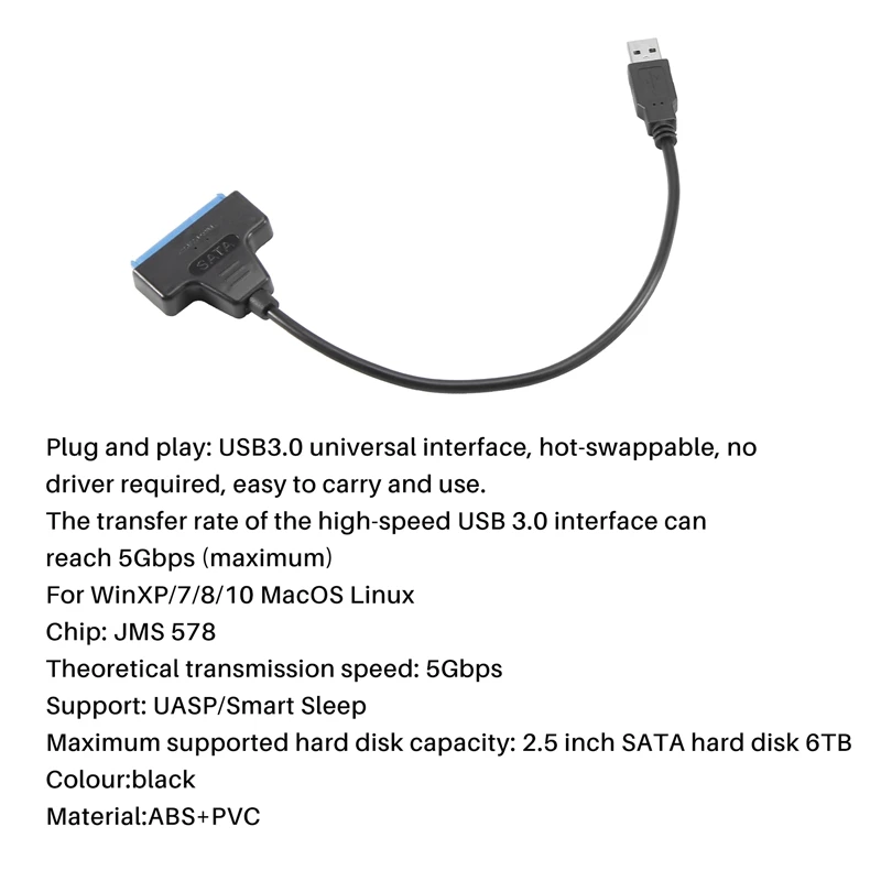 Адаптер SATA-USB 2,5, 5 Гбит/с, совместим с 2,5-дюймовым SATA HDD UASP SSD для ПК, ноутбуков, Windows, Mac, Linux