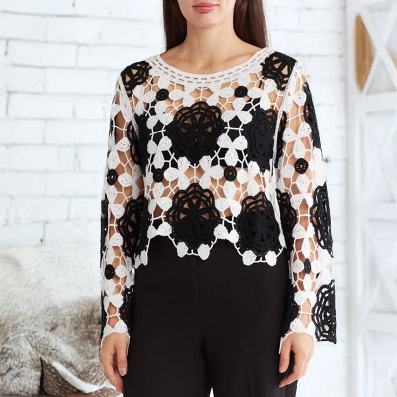Flor crochê topo sino manga pura oco a céu aberto malha pullovers camisola blusa feminina boho férias outfit suéter ligero