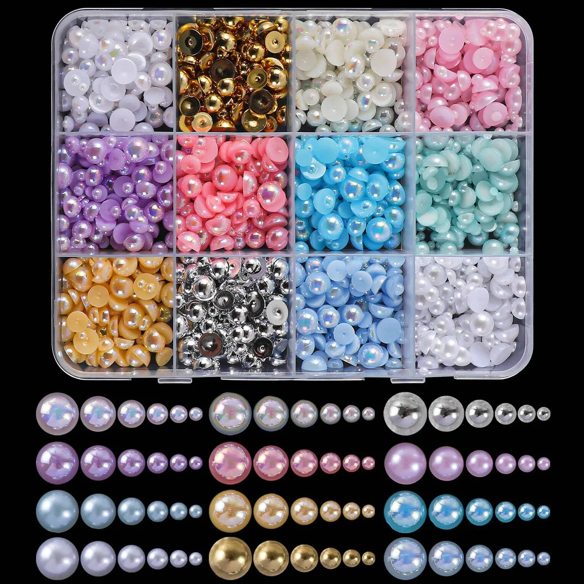 

1800 шт., высококачественный жемчуг с плоской задней поверхностью, 3D женские наборы для украшения ногтей, разноцветные жемчужные бусины разных размеров, золотые, серебряные, с плоской задней частью