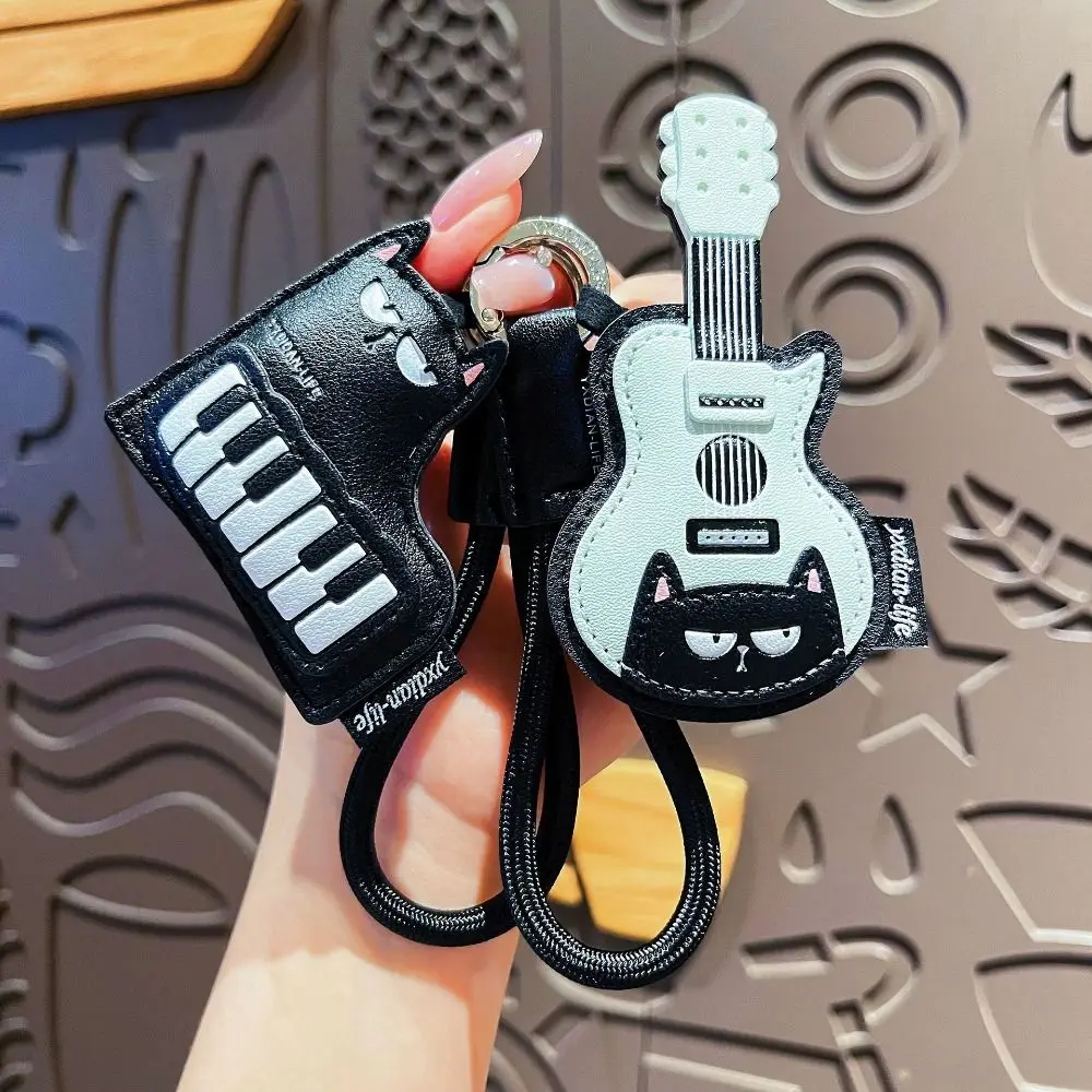 PU Leather Leather Keychain Black Cat Piano Shape Musical Instrument Keychain Guitar Shape With Lanyard Guitar Keyring