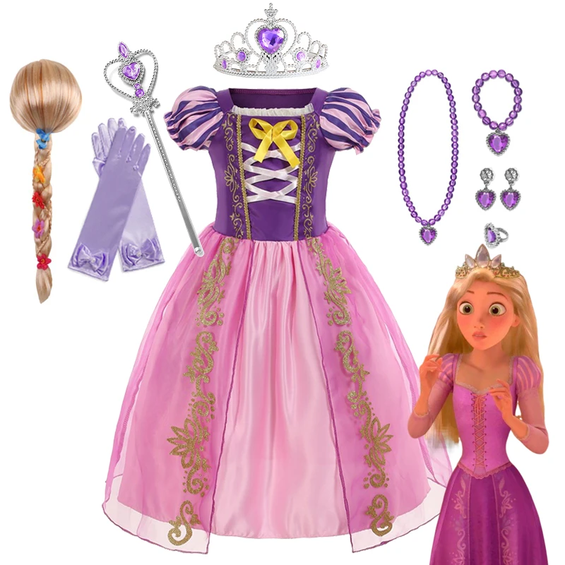 Disney Rapunzel Princess Dress Girl Purple Puff Sleeve Cosplay Tangled Costume Halloween Vestido Kids Birthday Ball Gown Clothes