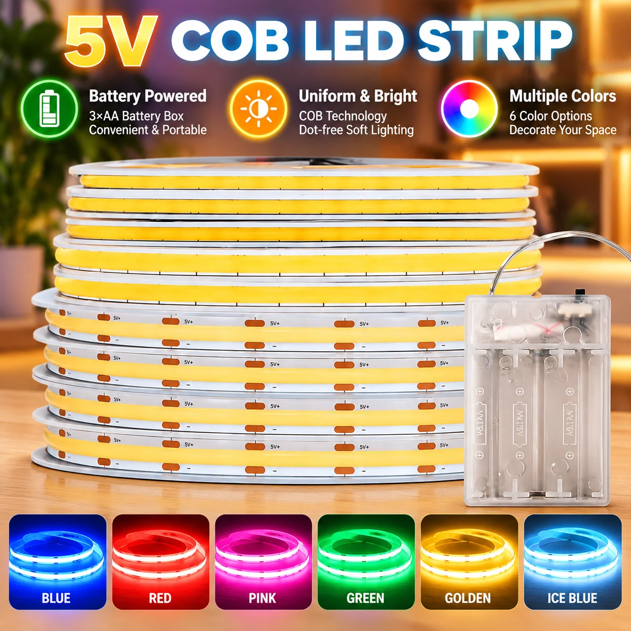 DC5V 3/5/8mm COB LED Strip 3AA Battery Powered 320/400LEDs/m Warm Natural White Flexible for Home DIY Bedroom Backlight Lighting