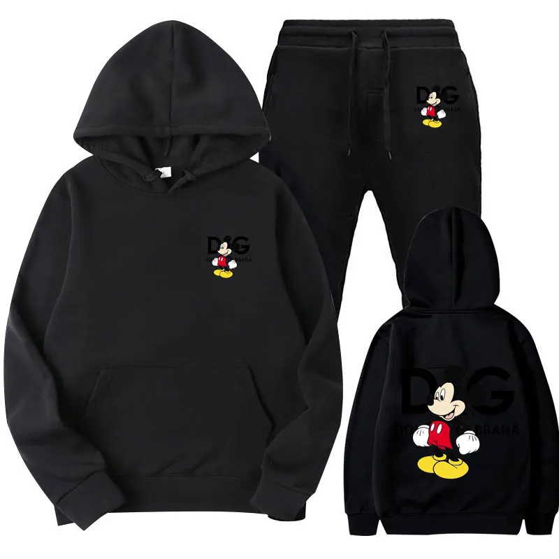 Disney\'s latest brand cotton printed spring and autumn men\'s and women\'s sports sweater hooded set anime men\'s and women\'s set