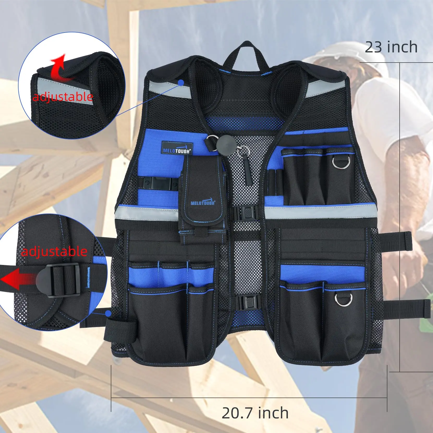 MELOTOUGH Tool Vest Reflective Safety Tool Vest with Removable Phone Holder for Electrician,Carpenter,Construction