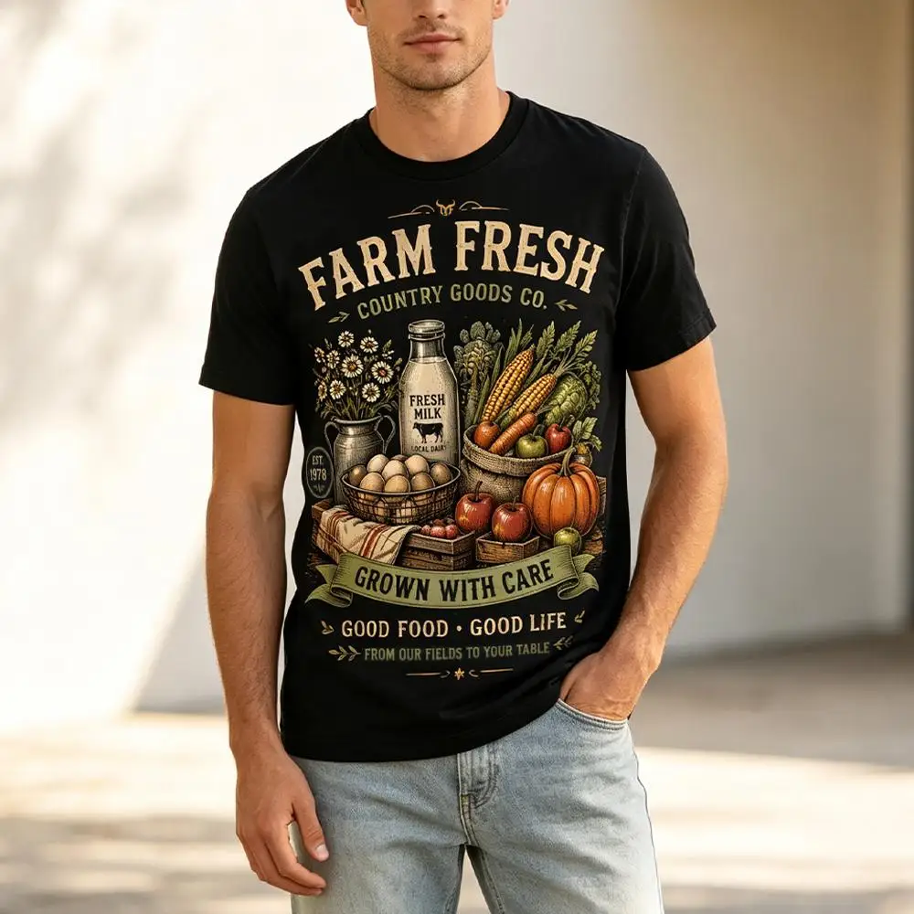 Retro Farm Harvest Print T-Shirt Vegetable Fruit Milk Graphic Soft Breathable Tee Men Women Daily Home Casual Short Sleeve Tops