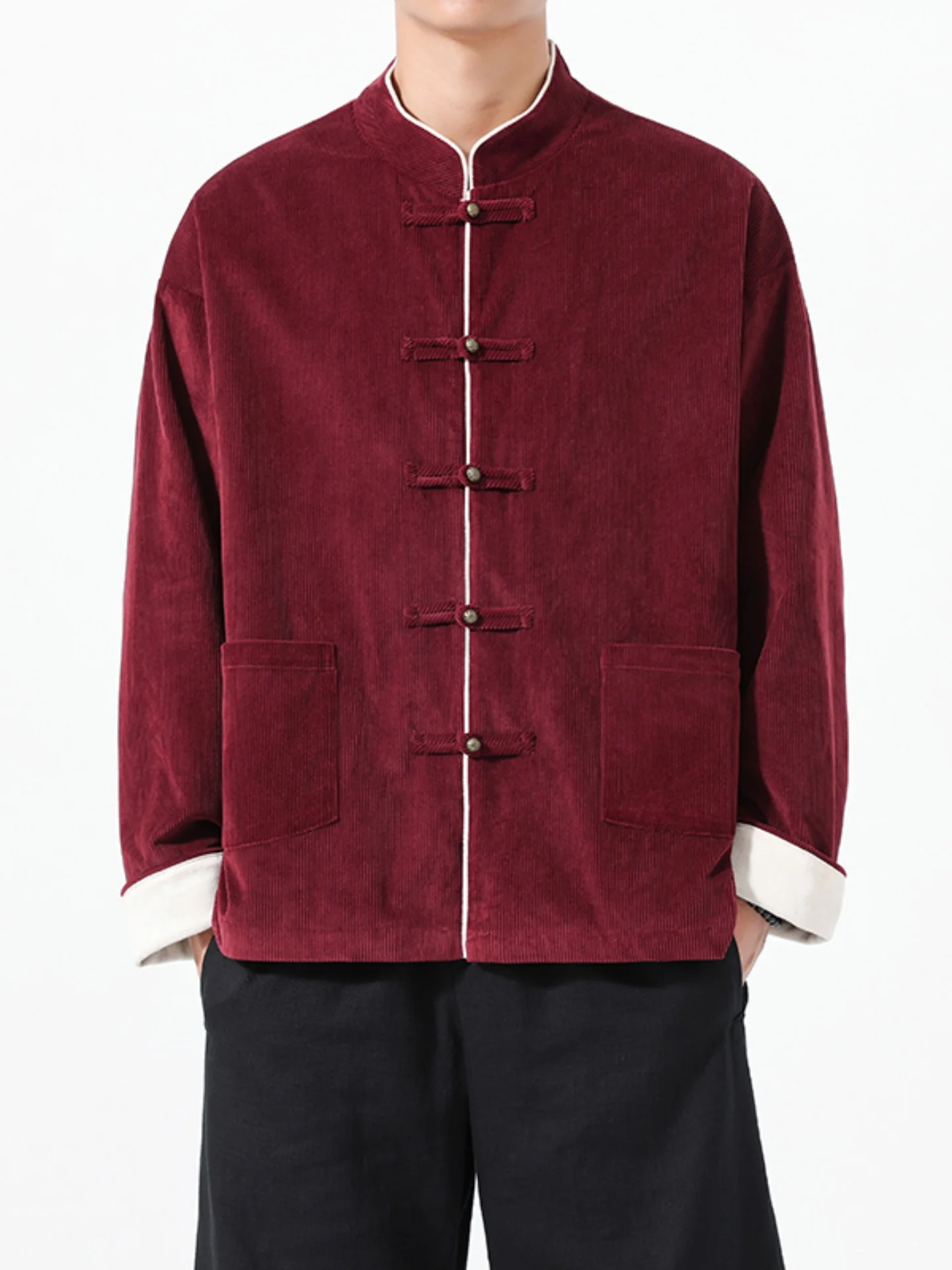 

Красная вельветовая куртка в китайском стиле для мужчин, винтажная, на пуговицах, в стиле Тан, Ханьфу, осенняя, для мужчин среднего возраста и пап, одежда