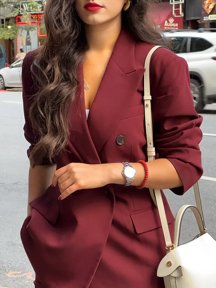 Women\'s Reddish Brown Slim Suit Coat Chic Elegant Buttons Long Sleeve Lapel Woollen Jacket 2024 Lady Autumn Fashion Streetwear