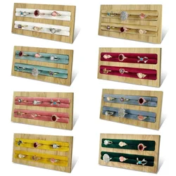 2 Slots Bamboo with Velvet Square Ring Tray Ring Display Stand Earrings Studs Holder Jewelry Storage Organizer 14.5*7cm