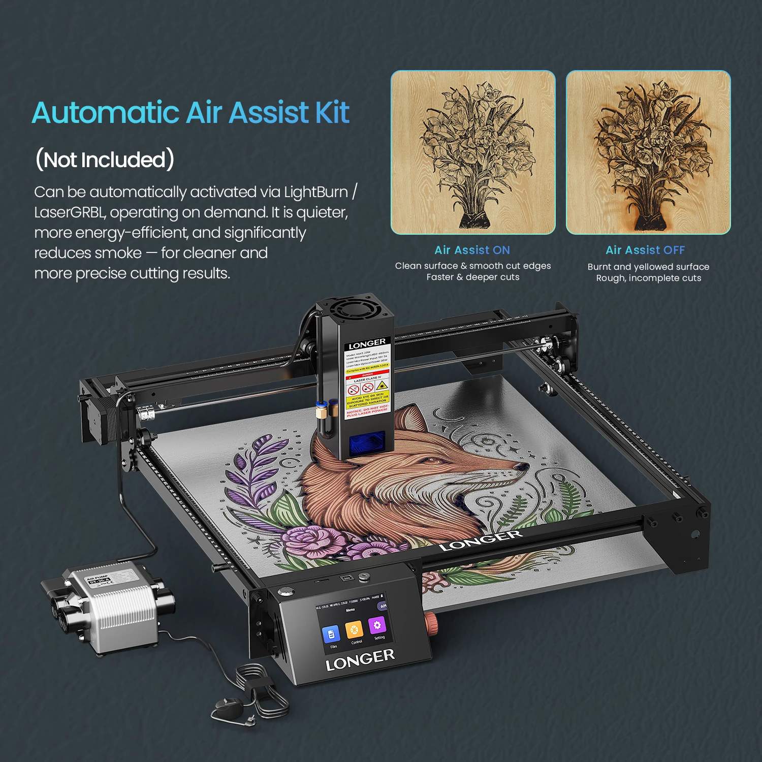 LONGER RAY5 20W Lasergravierer, 375 x 375 mm Arbeitsbereich, 0,08 x 0,1 mm Laserpunkt, WLAN, 32-Bit-Chipsatz, Touchscreen, Laserschneider für Holz, Acryl, Leder & Metall – Detail 2