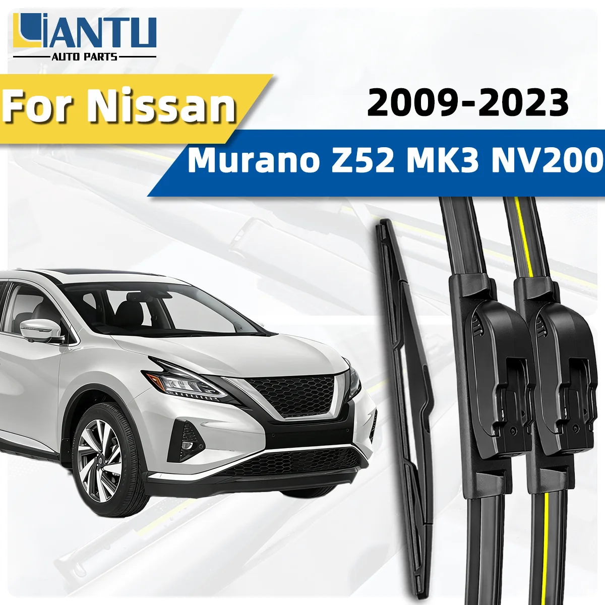 3-teiliges Scheibenwischer-Set für vorne und hinten, passend für Nissan Murano Z52 MK3 NV200 2009–2023, Windschutzscheibenwischer, geräuschloser Wischer, Autozubehör