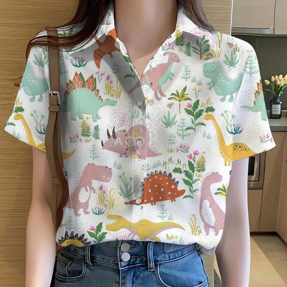 Womens Shirts Cute Animal Cat dinosaur 3D Printed Casual Hawaiian Short Sleeve Button Beach Shirt Summer Blouse Women's Clothes