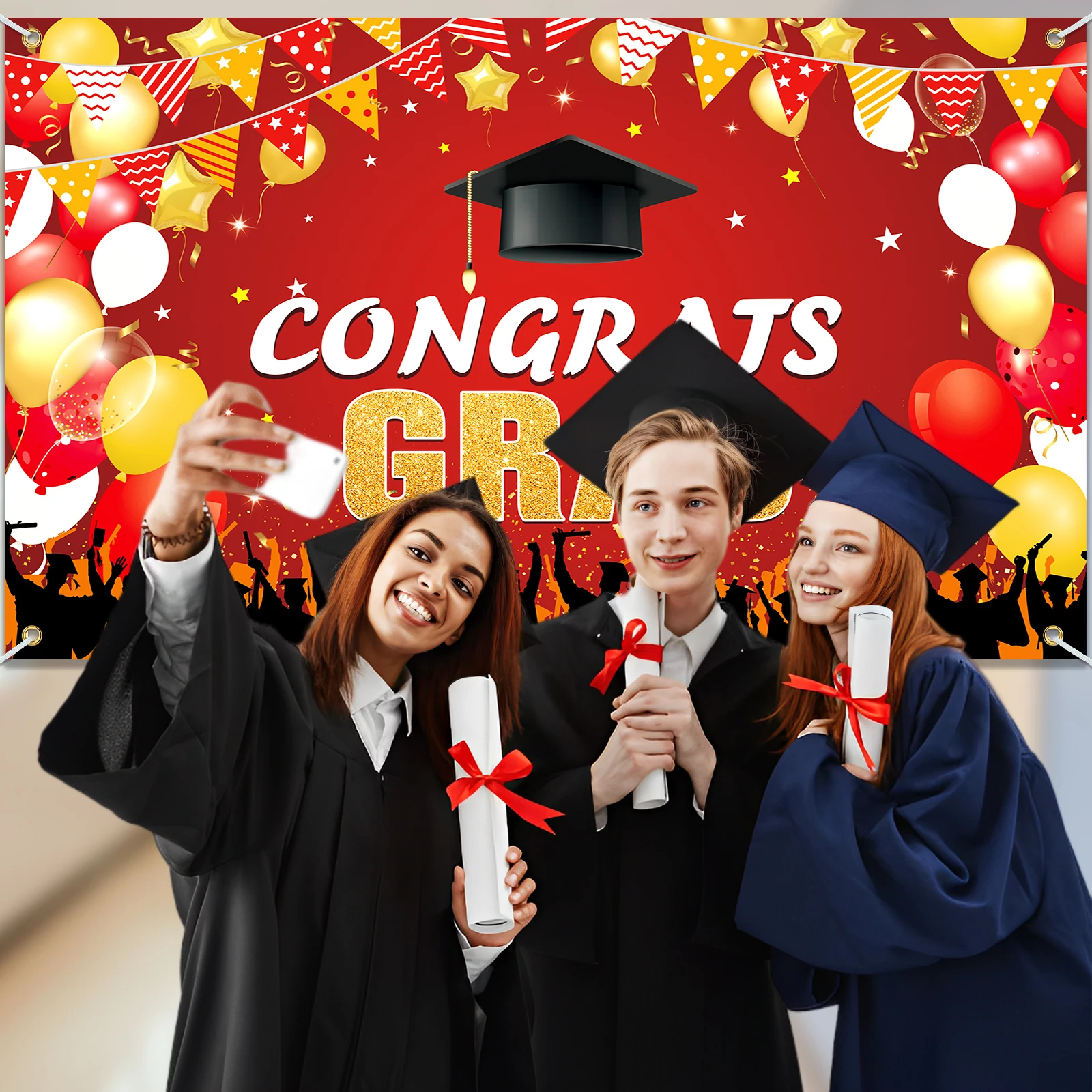 Congrats Grad バナー背景装飾セット 卒業パーティー用品用 ブラックとゴールド 卒業バナー