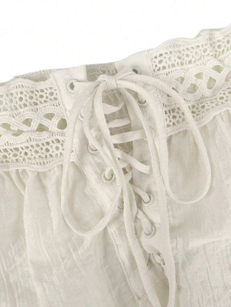 Stylisches Damen-Off-Shoulder-Oberteil mit Taillenbund, Spitzenbesatz, Langen Ärmeln und Bindedetail: Lässig und Elegant – Detail 7