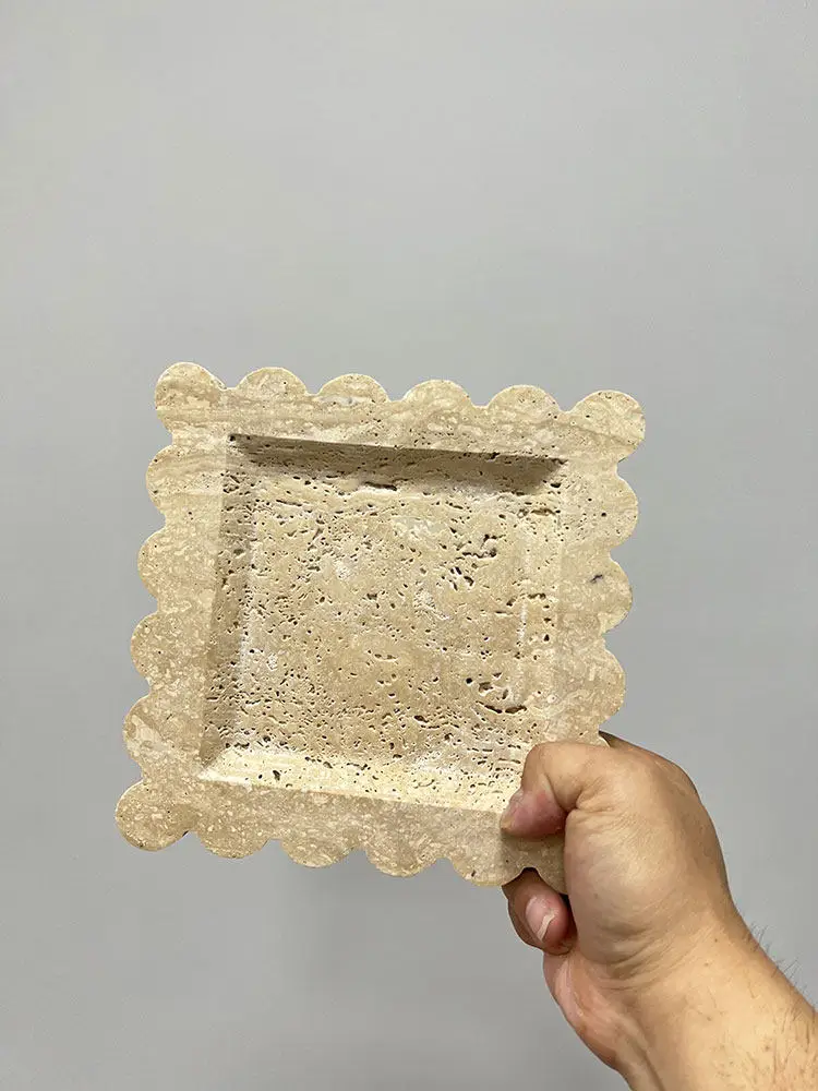 French Retro Scalloped Onyx Marble Tray Korean Blogger Designer Ins Style Travertine Stone Aromatherapy Plate