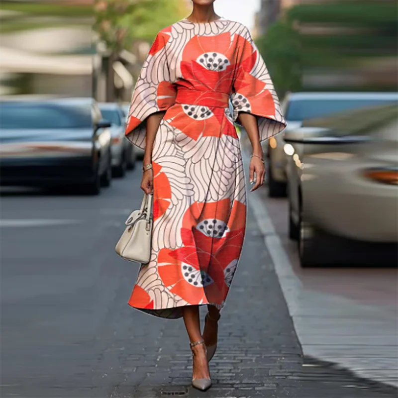 

Casual O-neck Half Sleeved High Waist Commuting Dress Elegant Pleated Bohemian Dress Spring Vintage Pattern Printed Street Dress