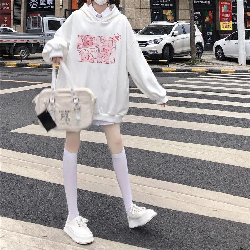 Japan Style Kawaii Hoodies Women Soft Girl Harajuku Bunny Bear Print White Sweatshirt Sweet Tops Cute Clothes Gothic punk tops