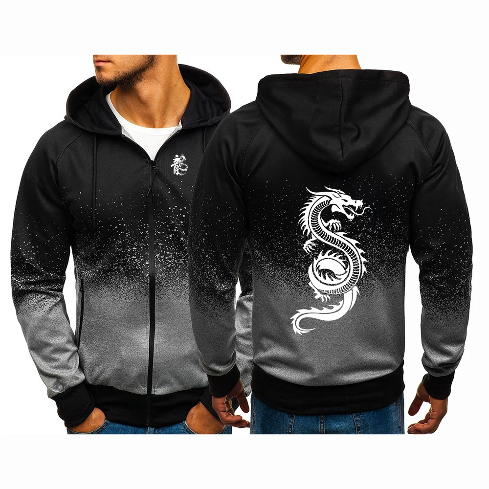 2025 Spring And Autumn Men's New Gradient Color Jackets Sweatshirts Chinese Dragon Print Harajuku Zipper Cotton Hoodies Tops