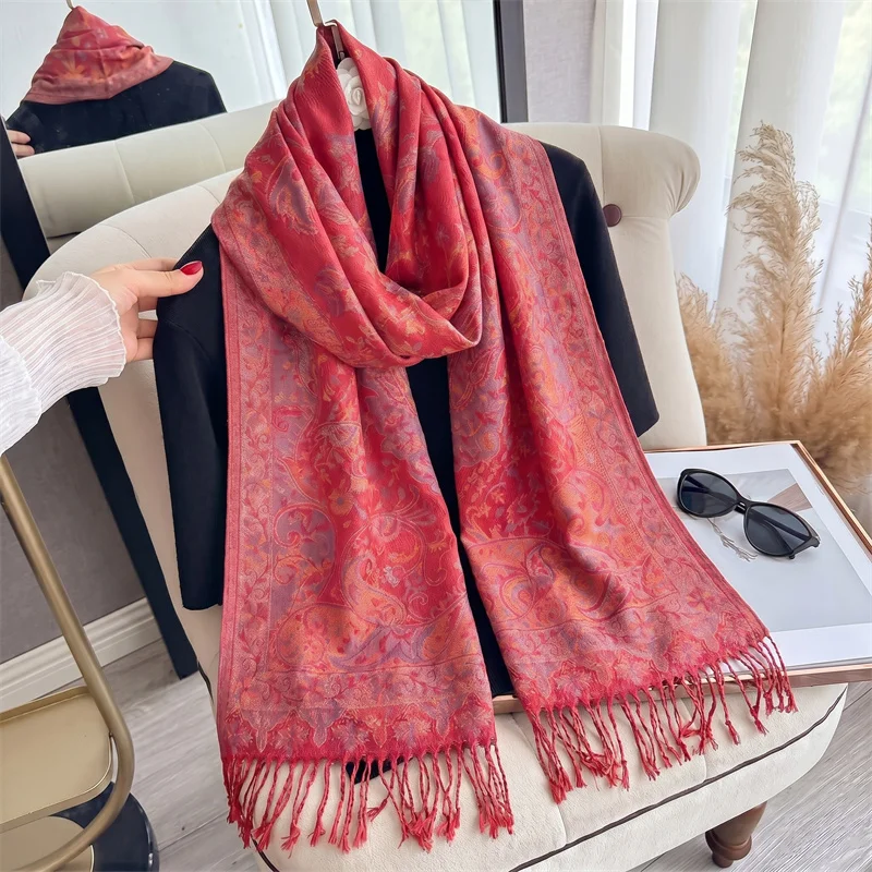 Thermal Red Paisley Jacquard Shawl Women Tassel Wrap Windproof Scarf For Winter Office Commute Outdoor Cold Weather