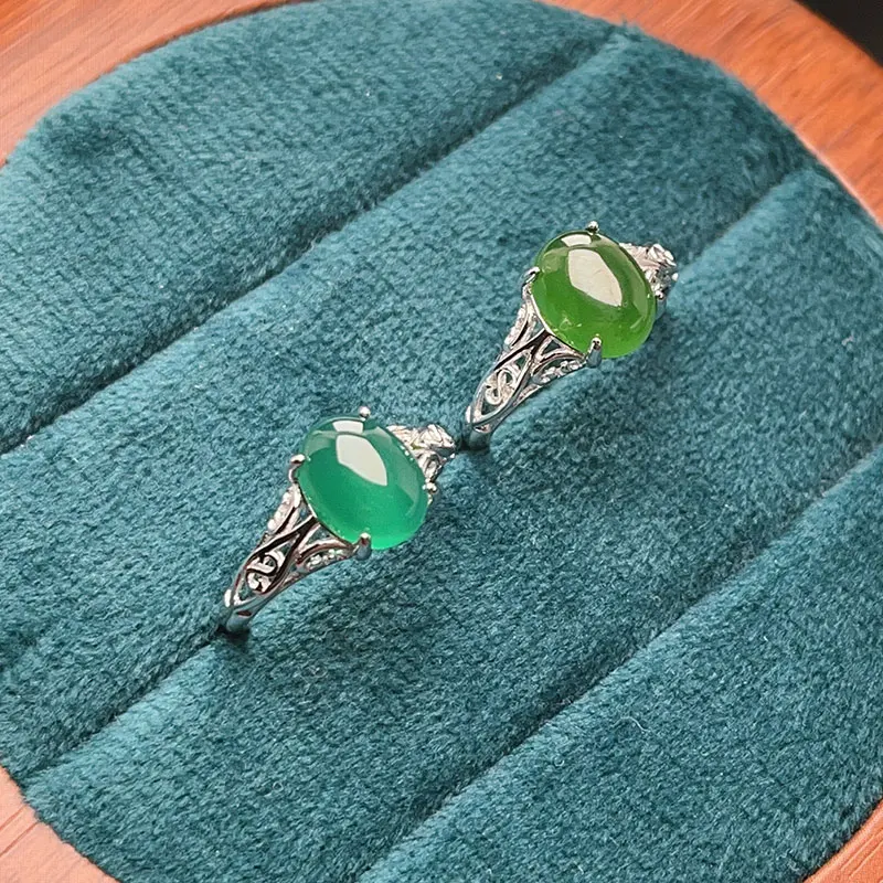 Natural Chalcedony 7mm*9mm 2ct  925 Silver Chalcedony Ring  for Women  Green Jade Ring for men 18K Gold Plated Jewelry