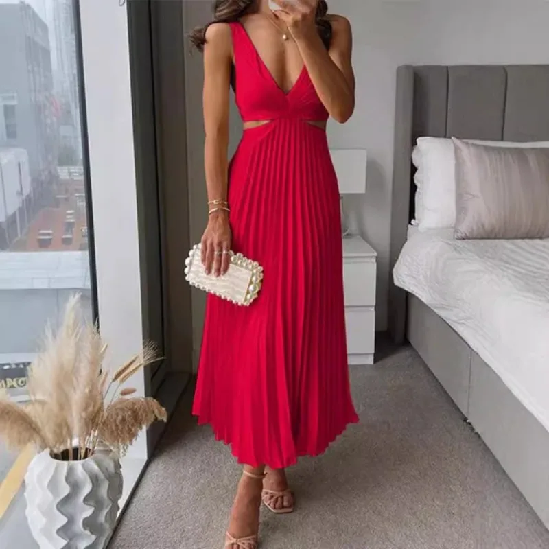 فستان نسائي مستوحى من التصميم مع مزاج أنيق، رقبة على شكل حرف V بدون أكمام مجوفة بدون ظهر مطوي صيفي نمط جديد