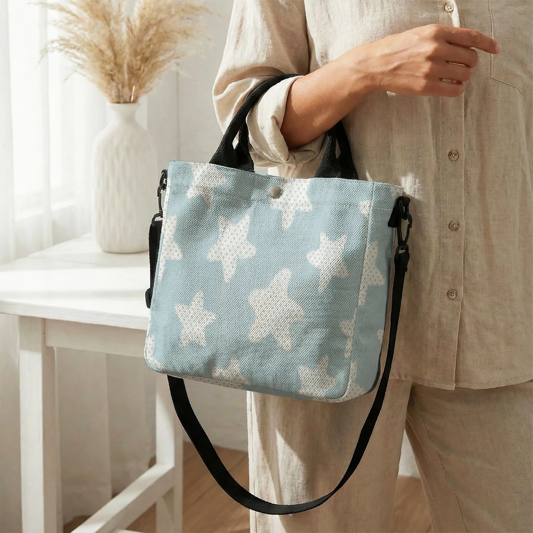 Blue Background White Star All Over Print Tote Bag, Detachable Strap Crossbody Handbag For Daily Work Shopping