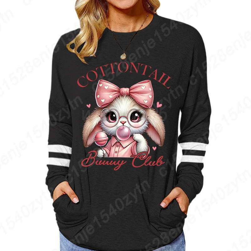 Women's Long Sleeve Top Cottontail Bunny Club Easter Shirt Pink Bow Bunny Cute Clothing Female Cute Spring Rabbit Gift T-shirts