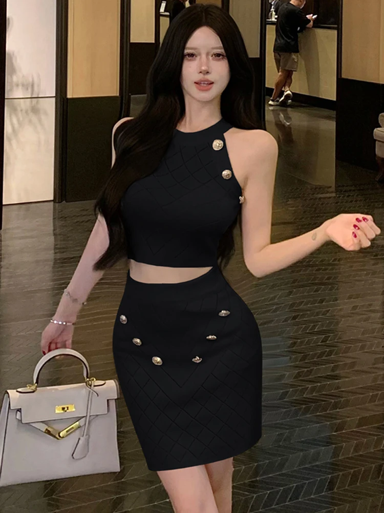 

2025 Summer Fashion Two Piece Set Women Knitted Button Sexy Crop Tops And Bodycon Mini Skirts Suit Female Clothing