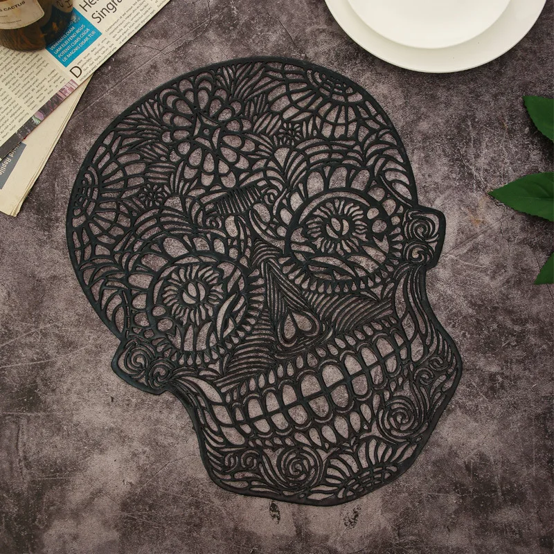 Skull Head Placemat Hollow PVC Halloween Dining Table Decor Mat Personalized Creative Trend Meal Mat Anti Slip Cup Pad Coaster