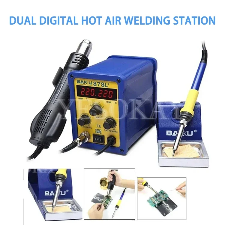 BK-878L2 Led Digital Display SMD Brushless Hot Air Rework Station + Soldering Iron and Heat Gun for Cell Phone Repair-1pc