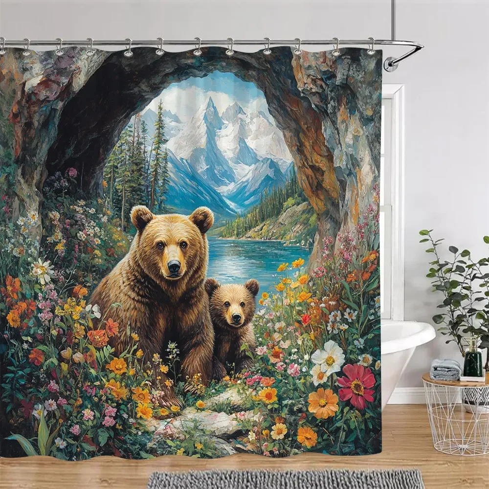 

Brown Bear Shower Curtain, Colorful Floral Plants Outdoor Landscape Oil Painting Art Creative Shower Curtain Bathroom Decoration