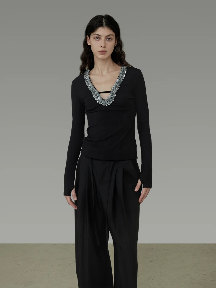 

Облегающий вязаный свитер с v-образным вырезом, женский модный дизайн с блестками, осеннее новое поступление, Ele Commute Sle Regular Sve