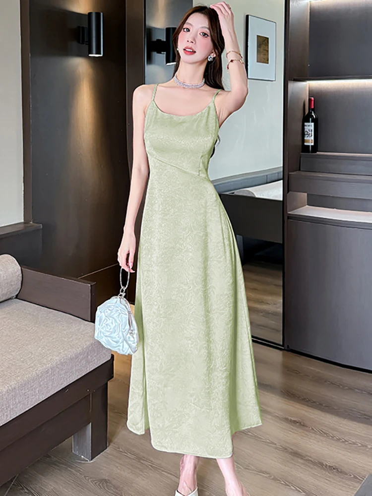 Women Pink Jacquard Satin Chic Sling Sexy Long Dress Summer Elegant Casual Holiday Dress 2025 Korean Vintage Bodycon Party Dress