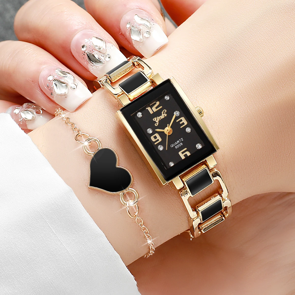 

2 шт./компл. Модные квадратные женские часы, элегантные женские кварцевые наручные часы с циферблатом, комплект с браслетом в виде сердца, часы Reloj Mujer (без коробки)