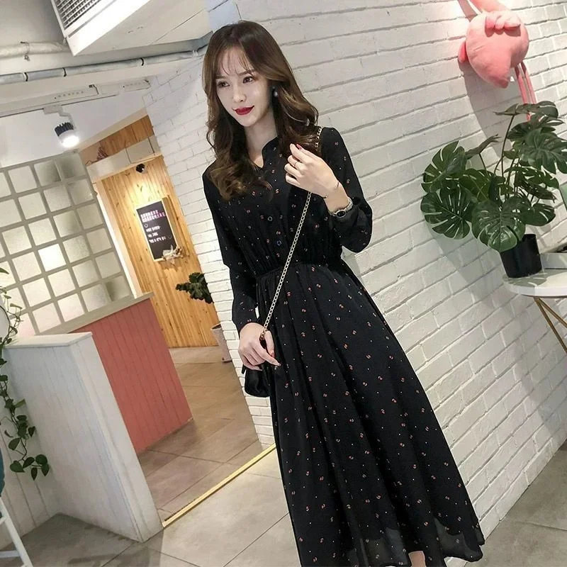 New Dot Long Sleeve Floral with Slim Waist Medium Length Skirt Casual es Vestidos Para Mujer Women Dress