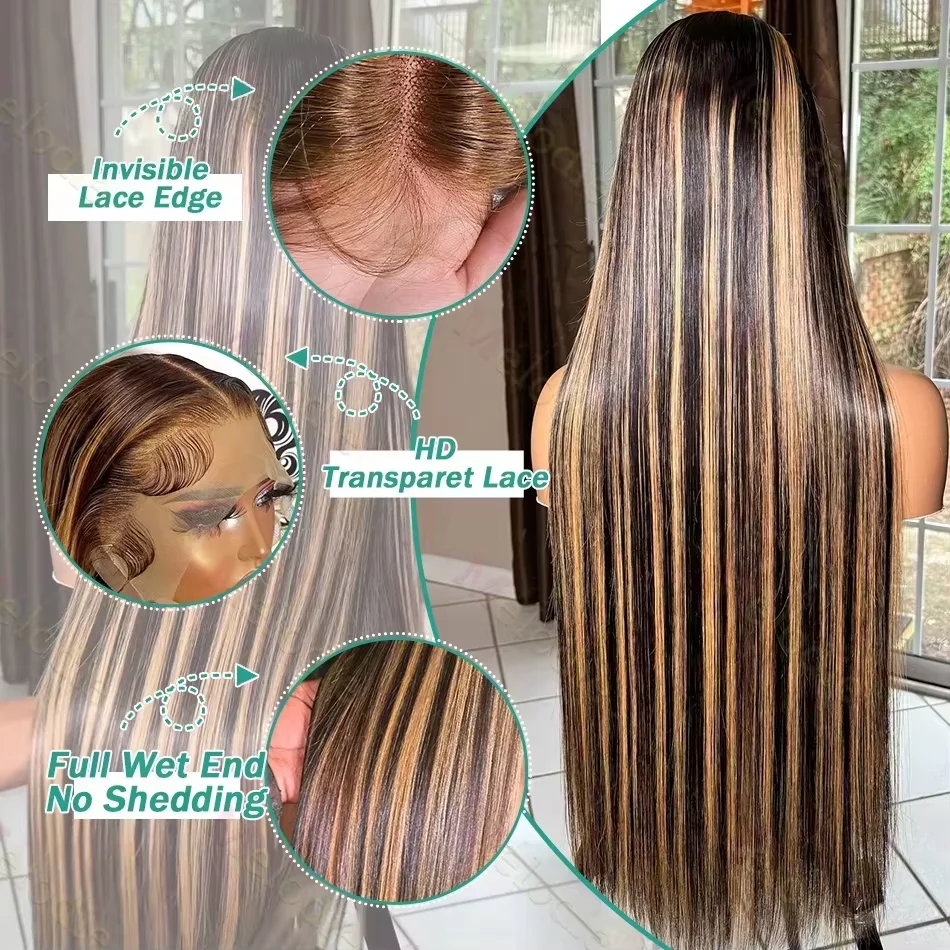 P4/27 Highlight Colored Human Hair Wig 13x4 13x6 HD Transparent Lace Frontal Wig Brazilian Remy Hair Pre Plucked Baby Hair 200% Density Long Wigs For Women 30 40 Inches view 5