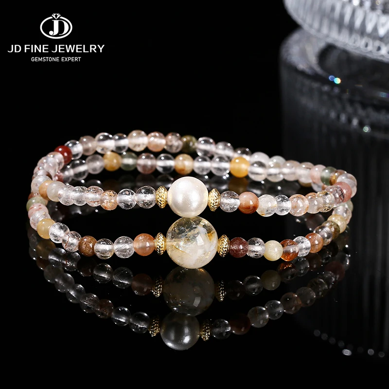 JD Natural Multicolor Rutilated Quartz Citrine Shell Bead 2-Layer Strand Bracelet Women Genuine Crystal Stone Design Bangles