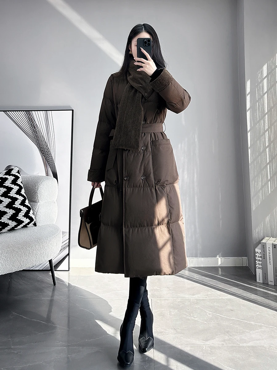 

Women's Long Thiened White Du down Jaet Belted Faionable Winter Coat Korean Sle Commute Wind Splicing Design