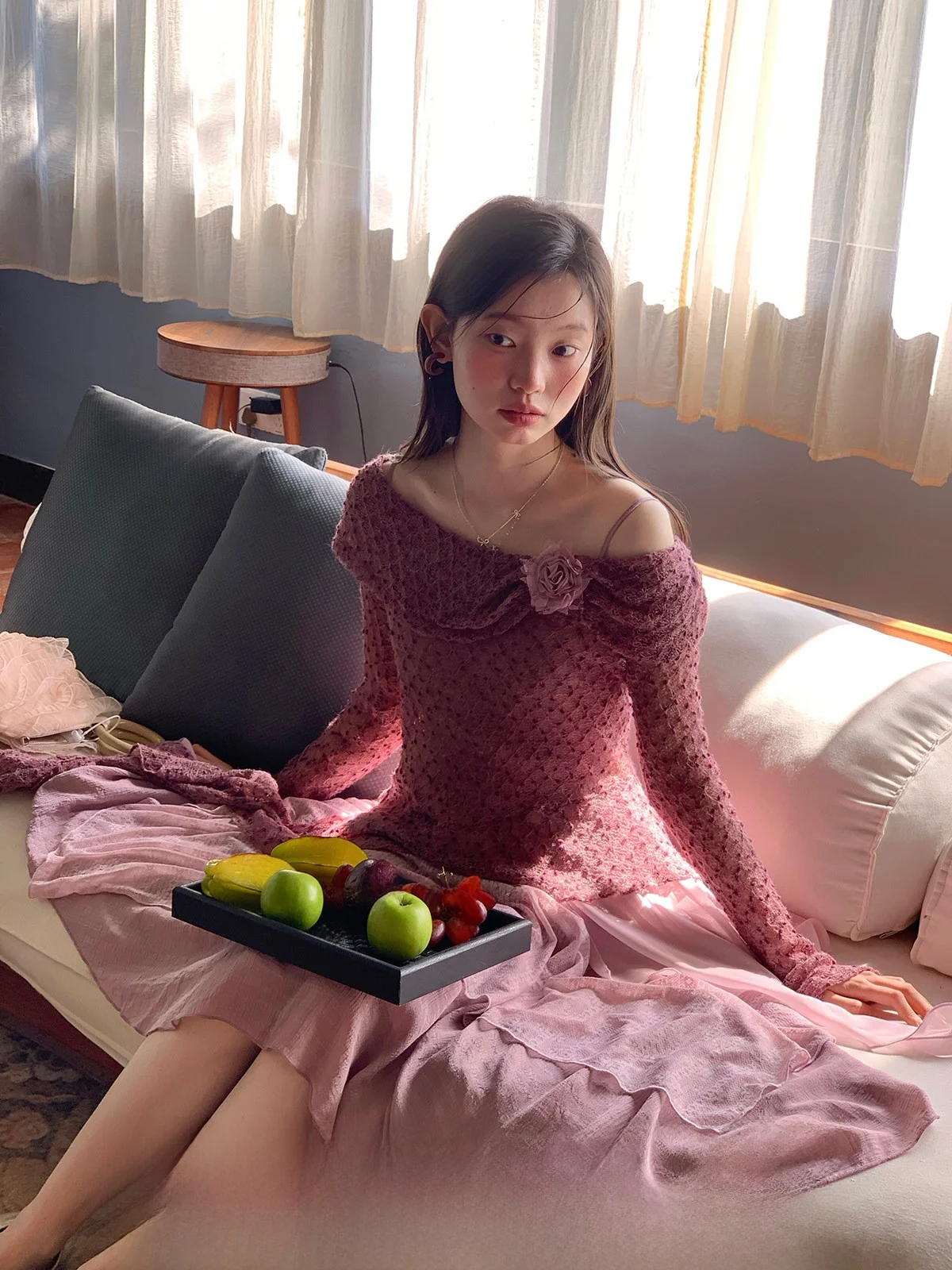 

Cheese Day Mist Purple Soft Sweet Mesh Cover up Women's Micro Transparent 3D Polka Dot Knitted Sweater Spring Vintage