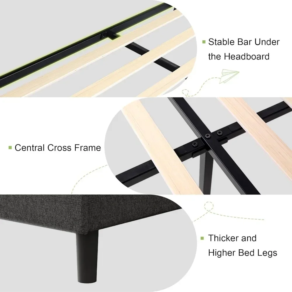 Marco de cama Queen Mordern con respaldo de alas, cama de plataforma tapizada minimalista, espacio de almacenamiento de 8 ", No se necesita resorte de caja, fácil montaje