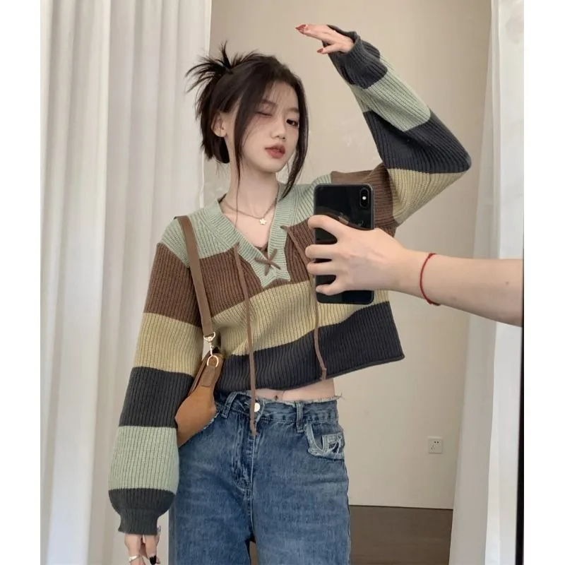 Striped Fashion Women Sweaters 2024 Autumn Winter Pullovers Korean Knitwears Long Sleeve Clothes Knit Top Ladies Lace-up Sweater