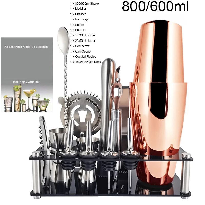 13Pcs Cocktail Shaker 800/750/600/550ml Boston Stainless Steel Mixer Bartender Bar Tools Shakers Set Recipe With Wine Stand