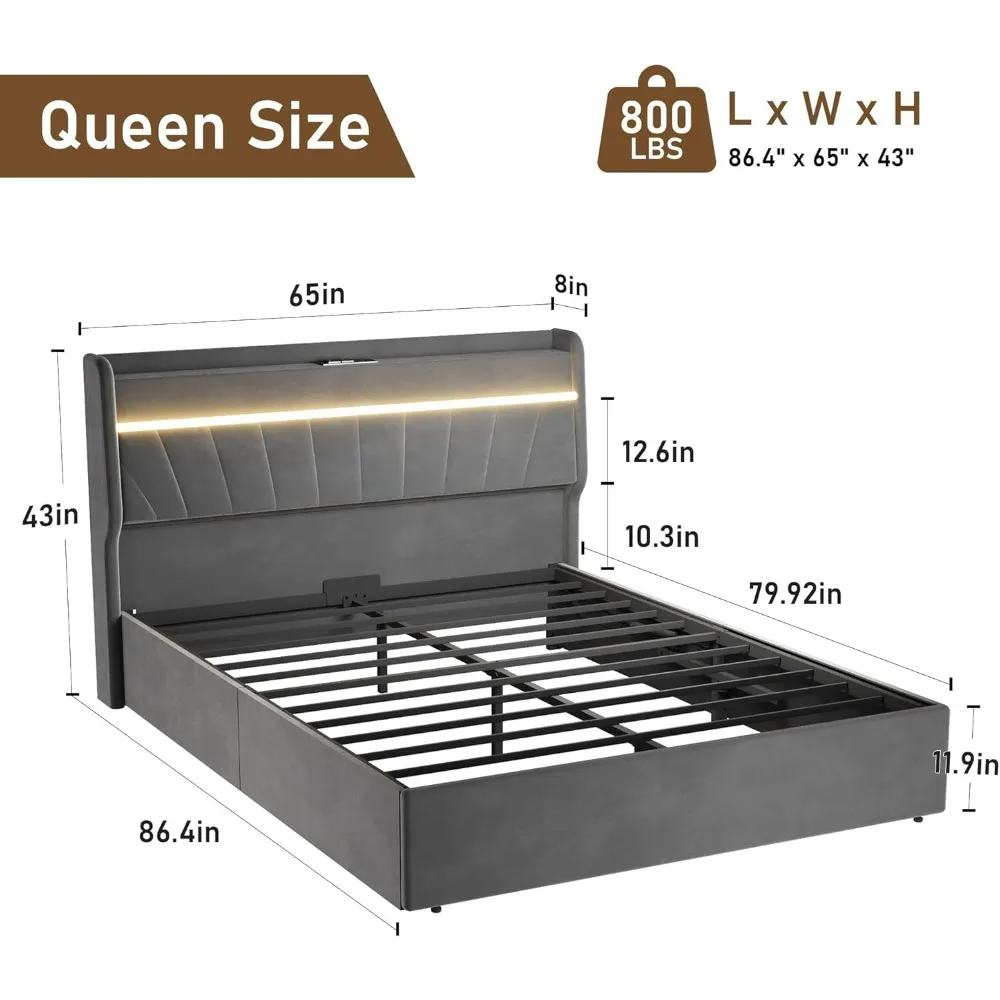 Queen size bed frame with headboard, elevated storage with LED lights Upholstered bed frame with C-type and USB charging ports