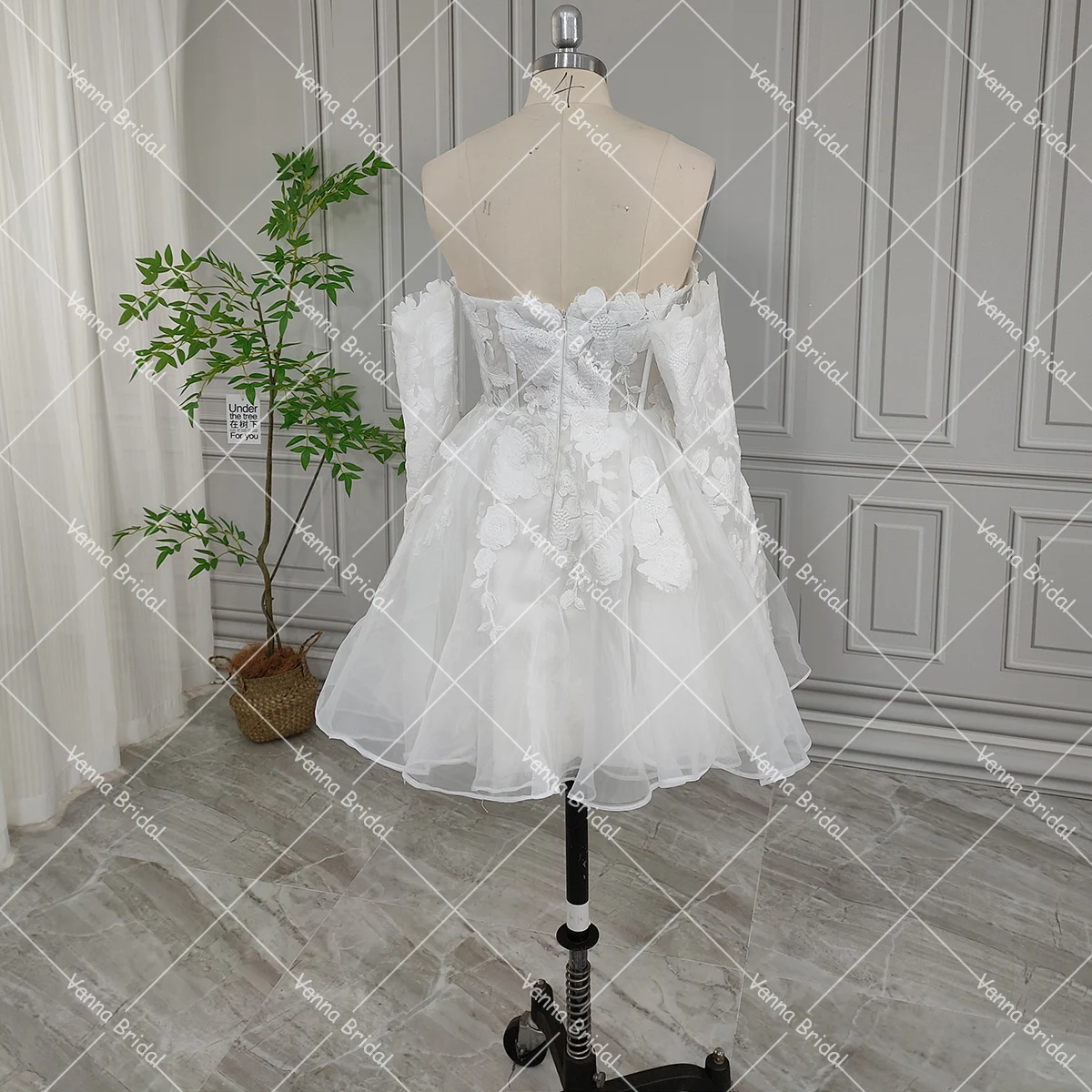 Robe de mariée brodée à manches longues au-dessus du genou, mini chérie personnalisée, organza, bustier à désosser, tenue de patient courte