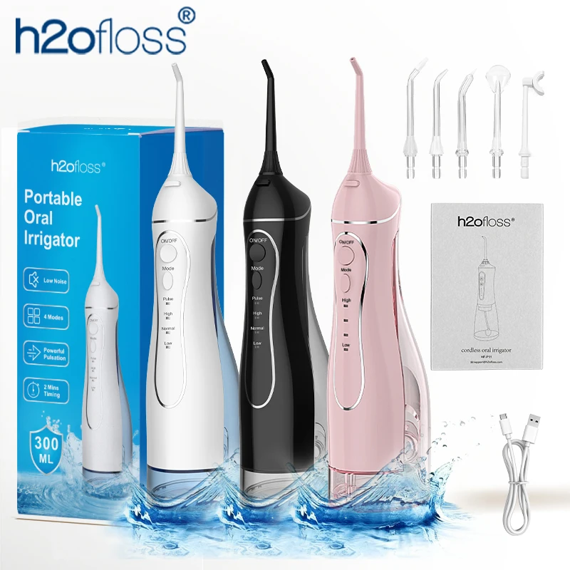 H2ofloss Irrigateur d'Eau pour Dents Portatif Irrigateur Oral Jet d'Eau Dentaire Nettoyage Haute Pression Bouche 2000mAh 300ML 4 Modes