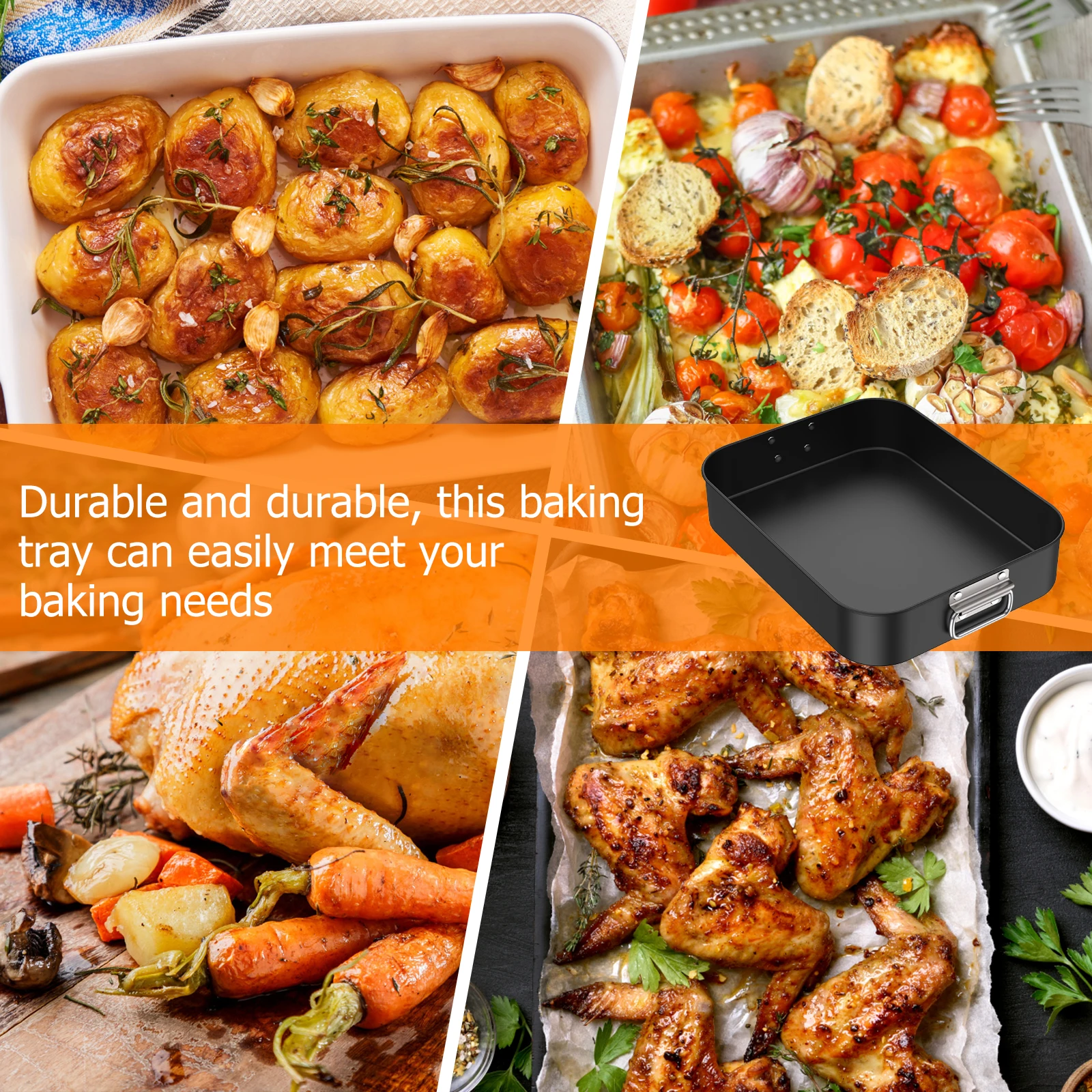 Deep Baking Pan Rectangle Carbon Steel Chicken Roasting Pan with Stainless Steel Handles Nonstick Cake Bakeware for Kitchen Oven