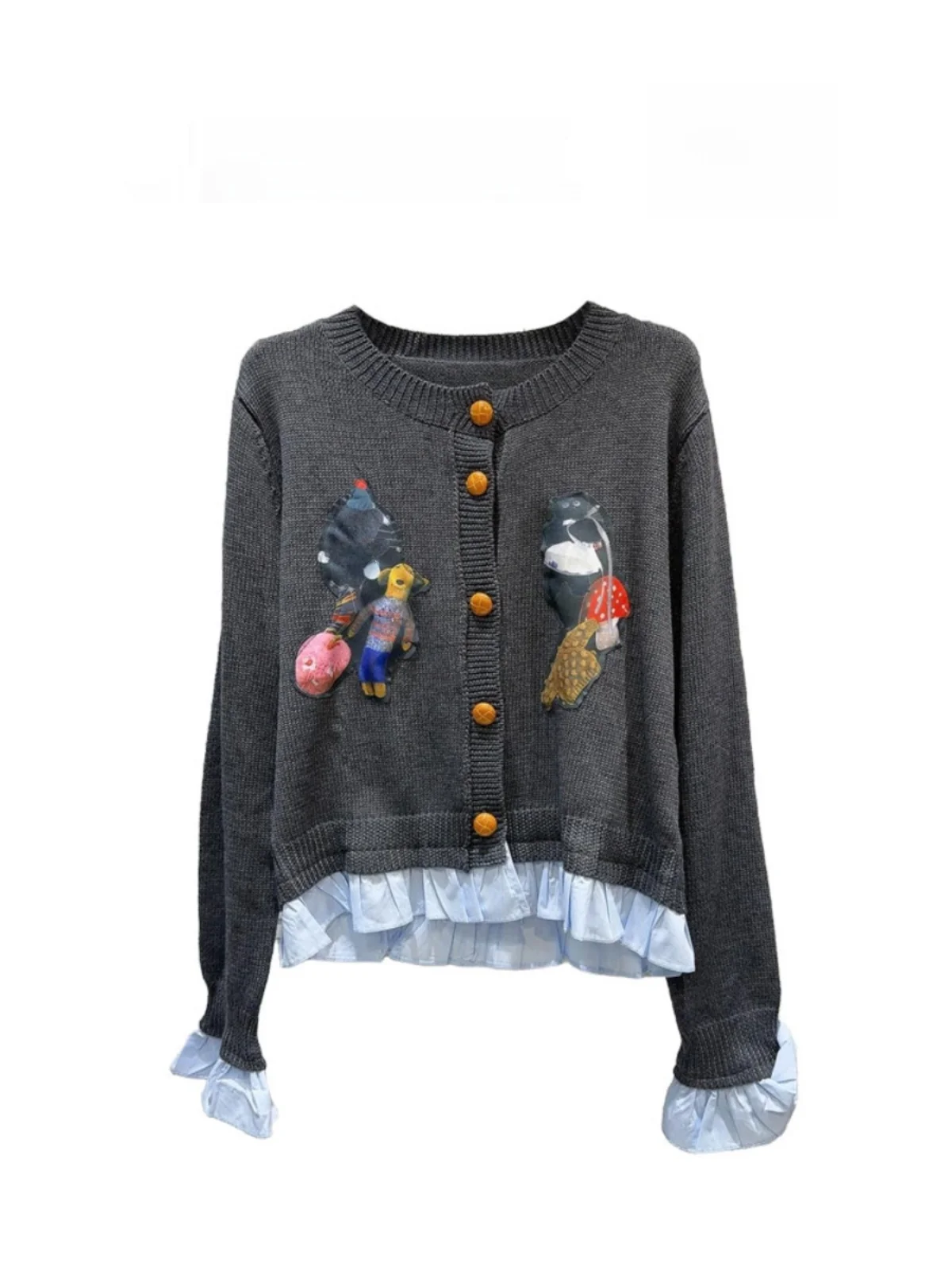 

Весенний новый корейский свободный вязаный свитер с мультяшным пэчворком, имитация двухслойного кардигана, женский топ