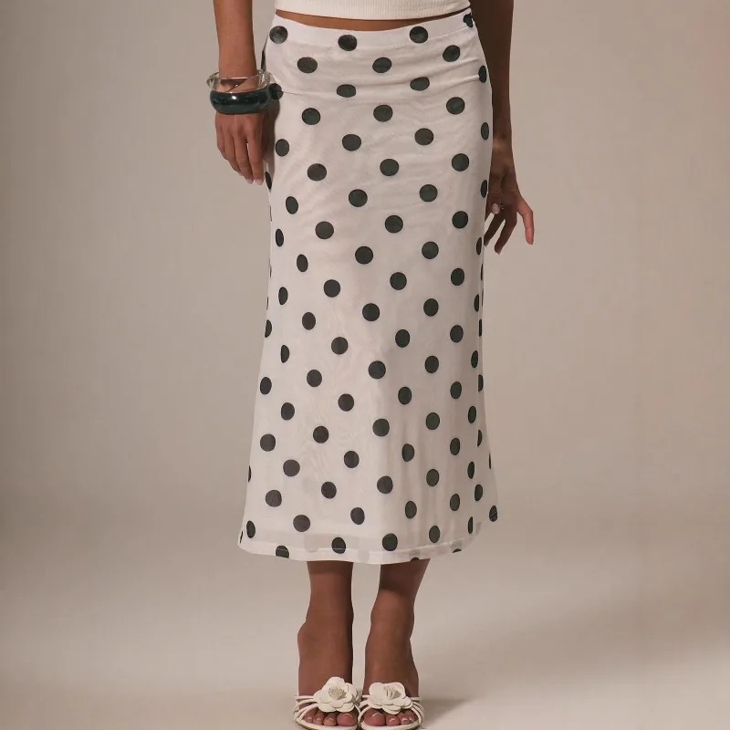 Printed Polka Dot A Line Skirt Hip Slim High Waist Joker Polka Dot Medi Long Skirts Vintage Woman Women'S Summer Dress Commuter