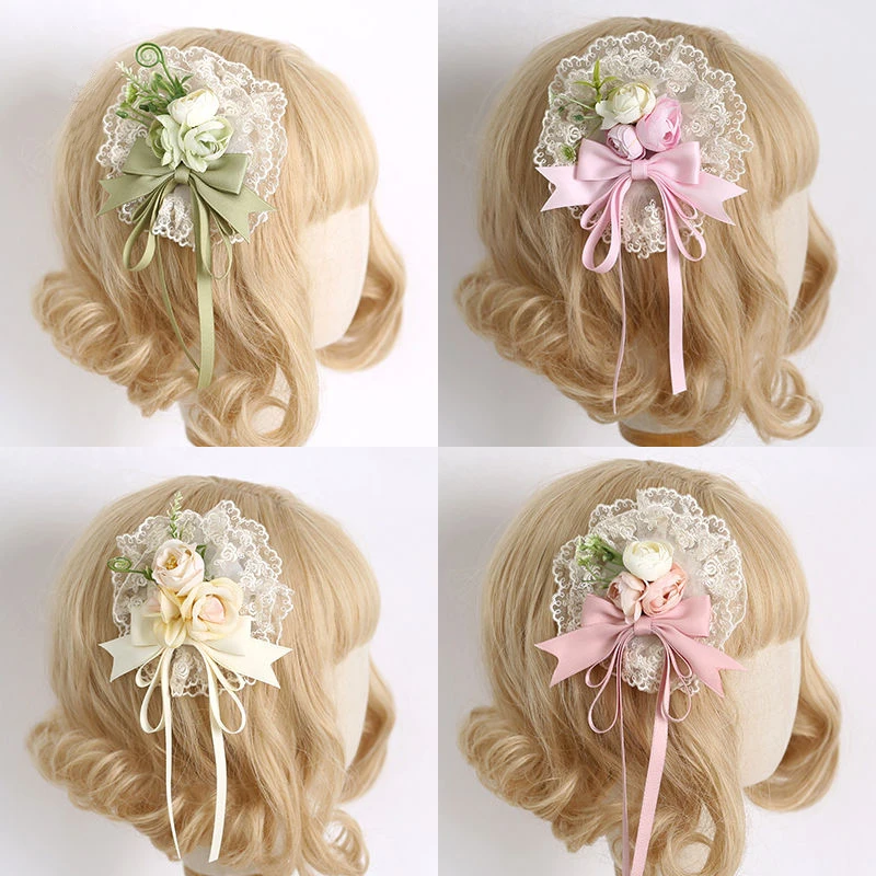 

Ribbon Bow Hair Clip with Hairpins Brooch Girls Lolita Lace Ruffled Headband Sweet Flower Small Hat Anime Maid Cosplay Headdress